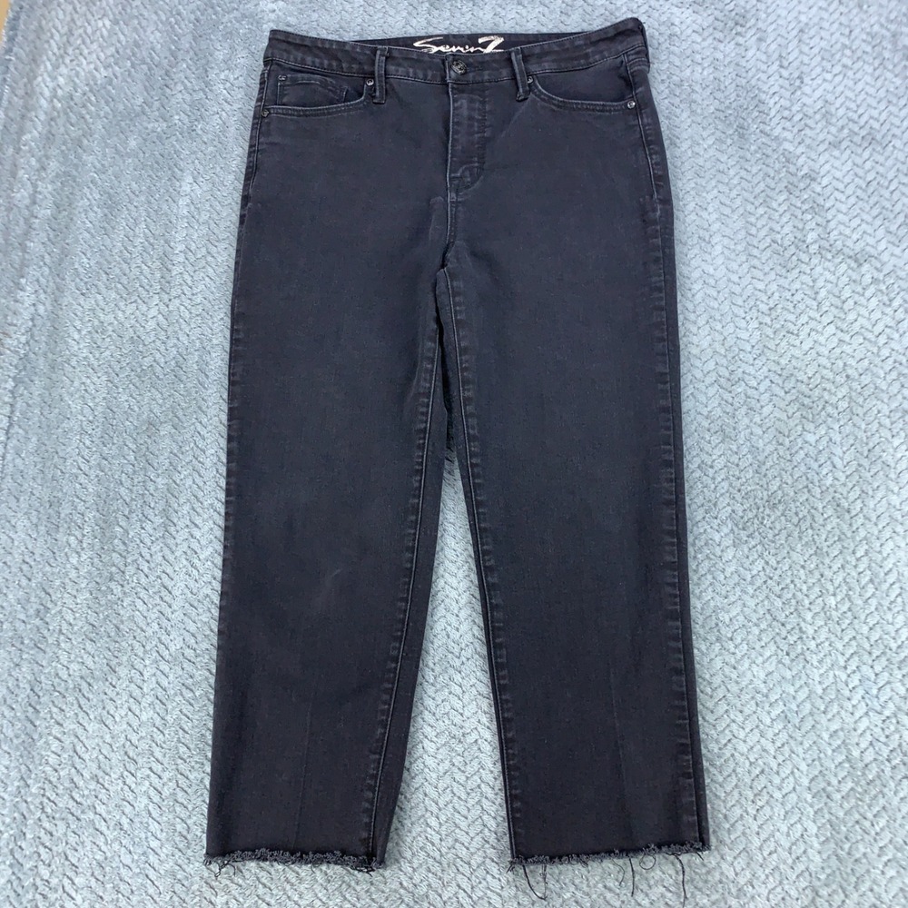 Seven7 Tower Straight Crop Jeans Women Size 12 Black Raw Hem MY1797BL